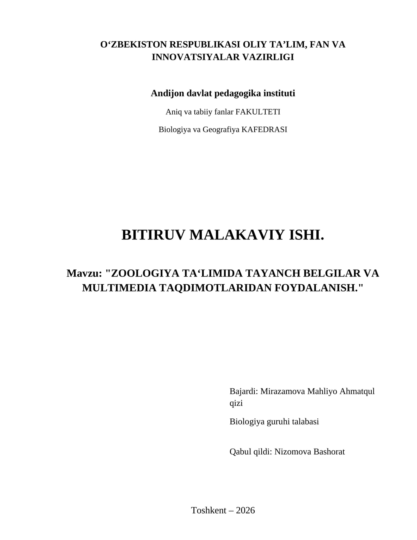 Zoologiya ta‘limida tayanch belgilar va multimedia taqdimotlaridan foydalanish.