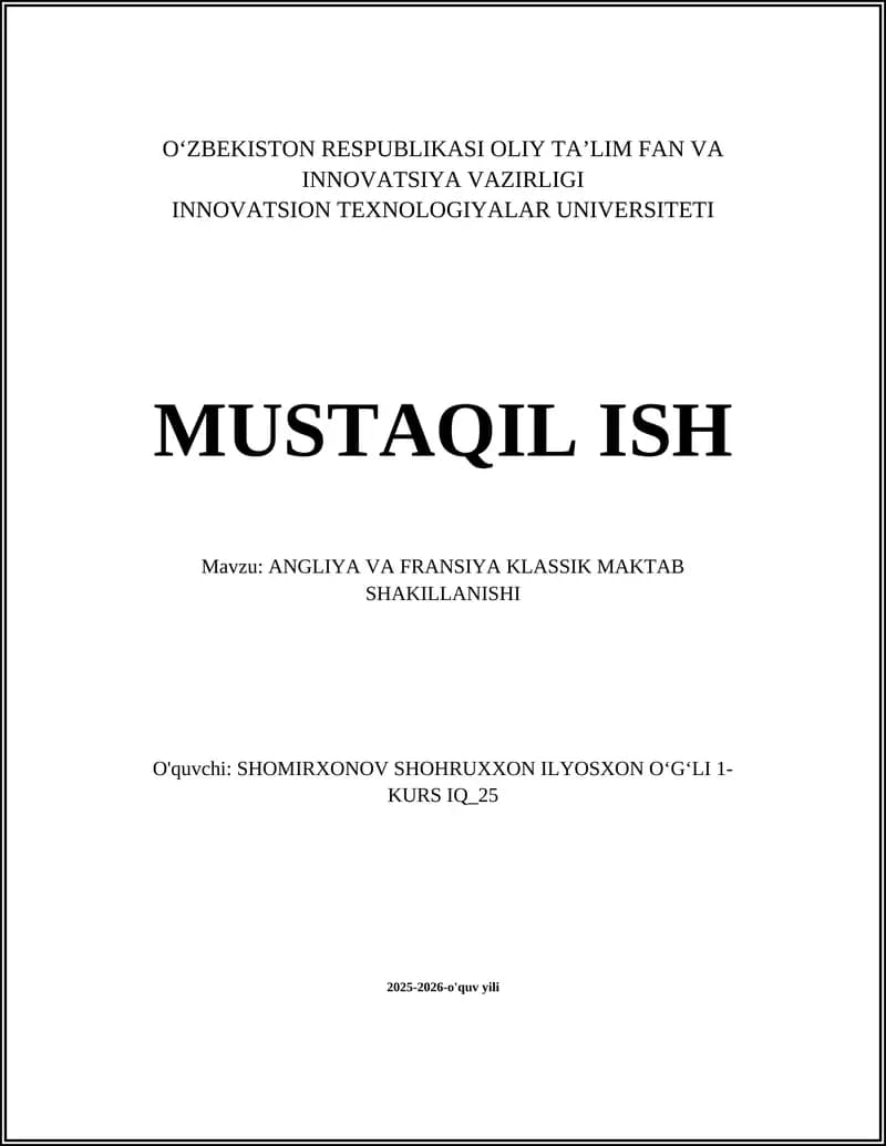 ANGLIYA VA FRANSIYA KLASSIK MAKTAB SHAKILLANISHI