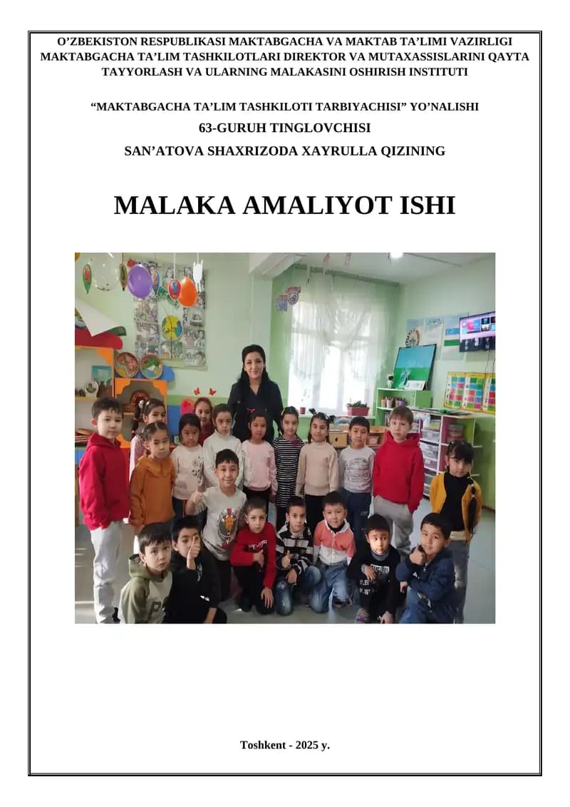 “MAKTABGACHA TA’LIM TASHKILOTI TARBIYACHISI” YO’NALISHI