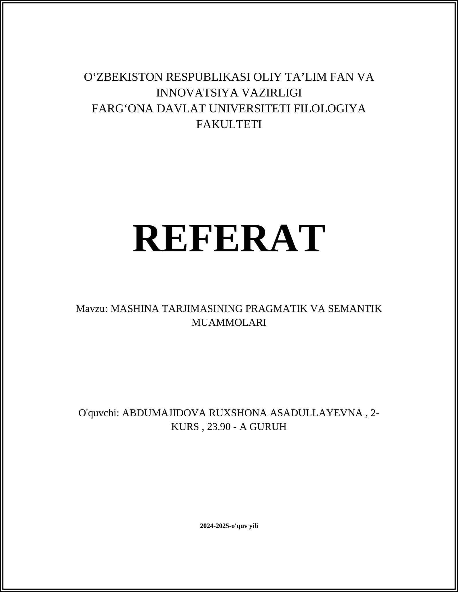 MASHINA TARJIMASINING PRAGMATIK VA SEMANTIK MUAMMOLARI