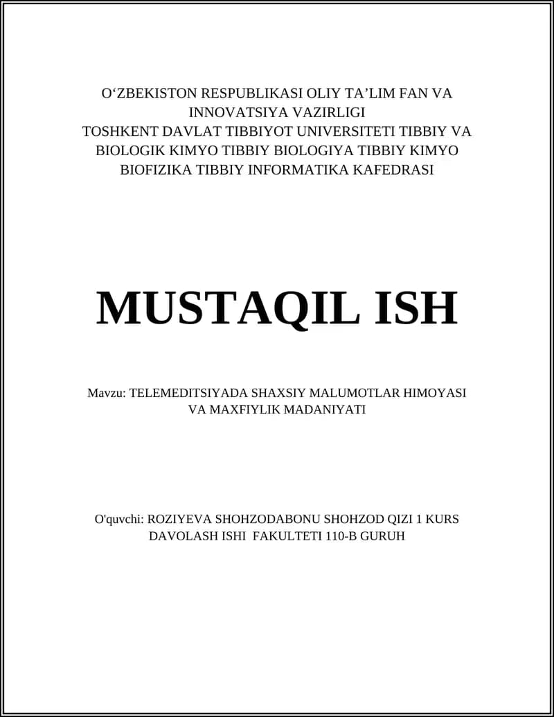 TELEMEDITSIYADA SHAXSIY MALUMOTLAR HIMOYASI VA MAXFIYLIK MADANIYATI