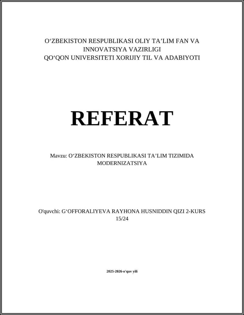 O'ZBEKISTON RESPUBLIKASI TAʼLIM TIZIMIDA MODERNIZATSIYA
