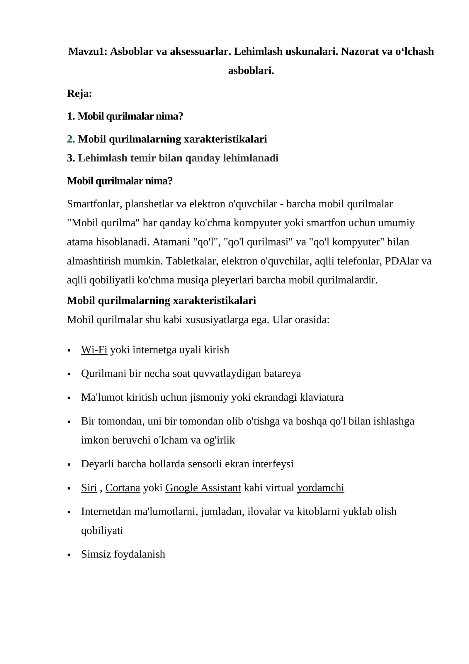 Asboblar va aksessuarlar. Lehimlash uskunalari. Nazorat va o‘lchash asboblari