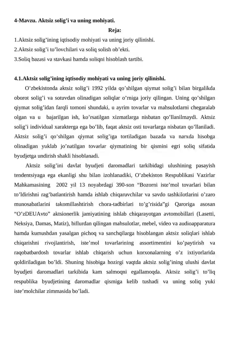 Aktsiz solig'i va uning mohiyati