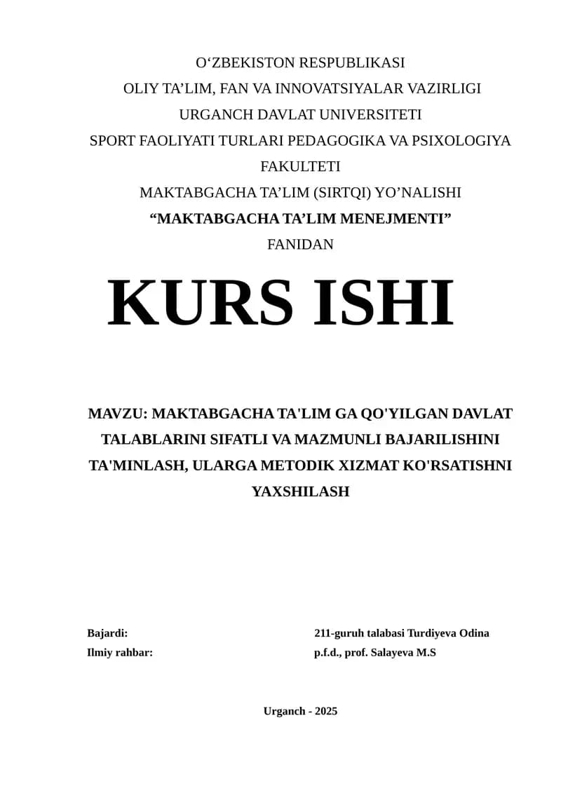 MAKTABGACHA TA'LIM MENEJMENTI