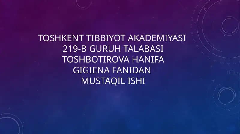 Favqulotdavaziyatlar vahalokatlarda UASH Hishining gigienik jihatlari