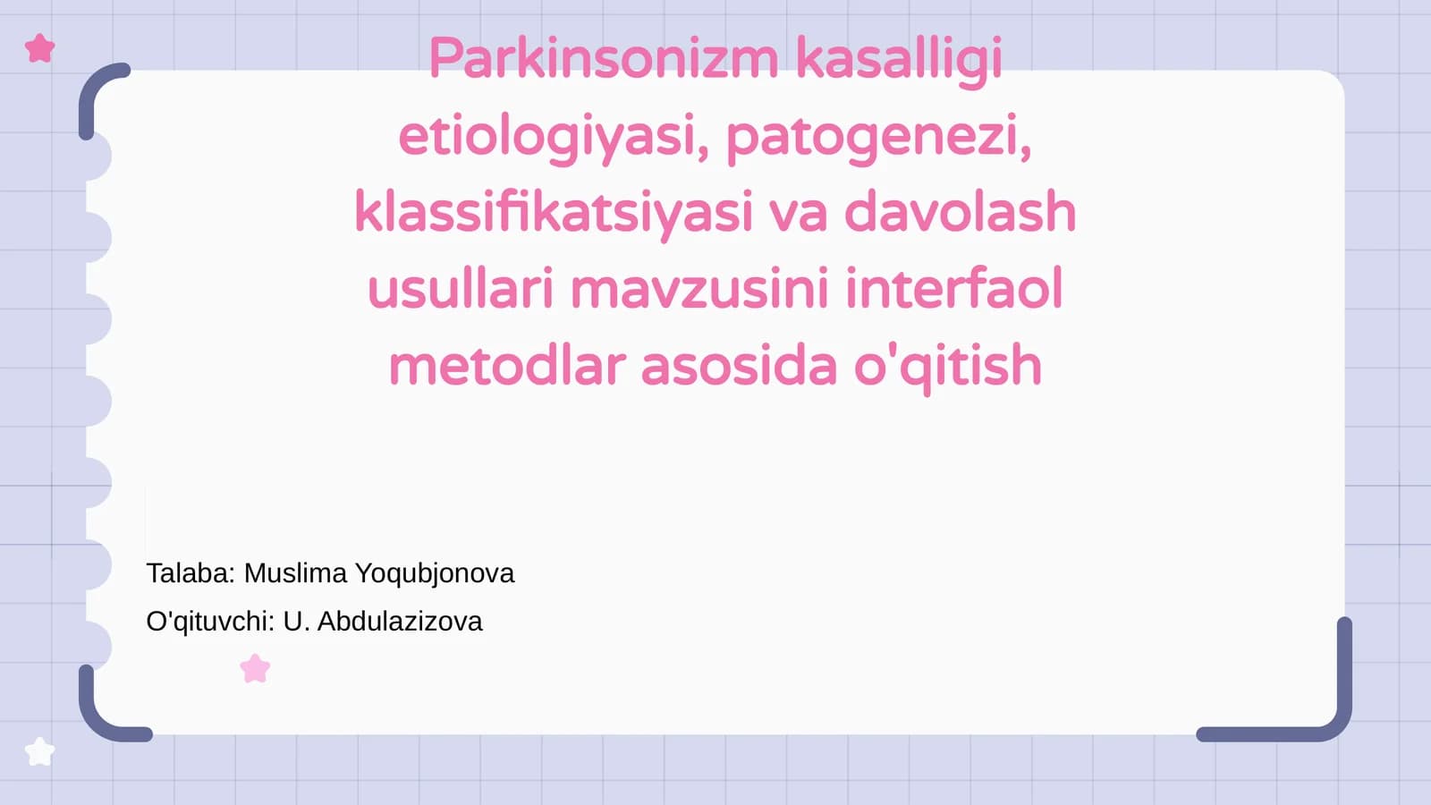 Parkinsonizm kasalligi etiologiyasi, patogenezi, klassifikatsiyasi va davolash usullari