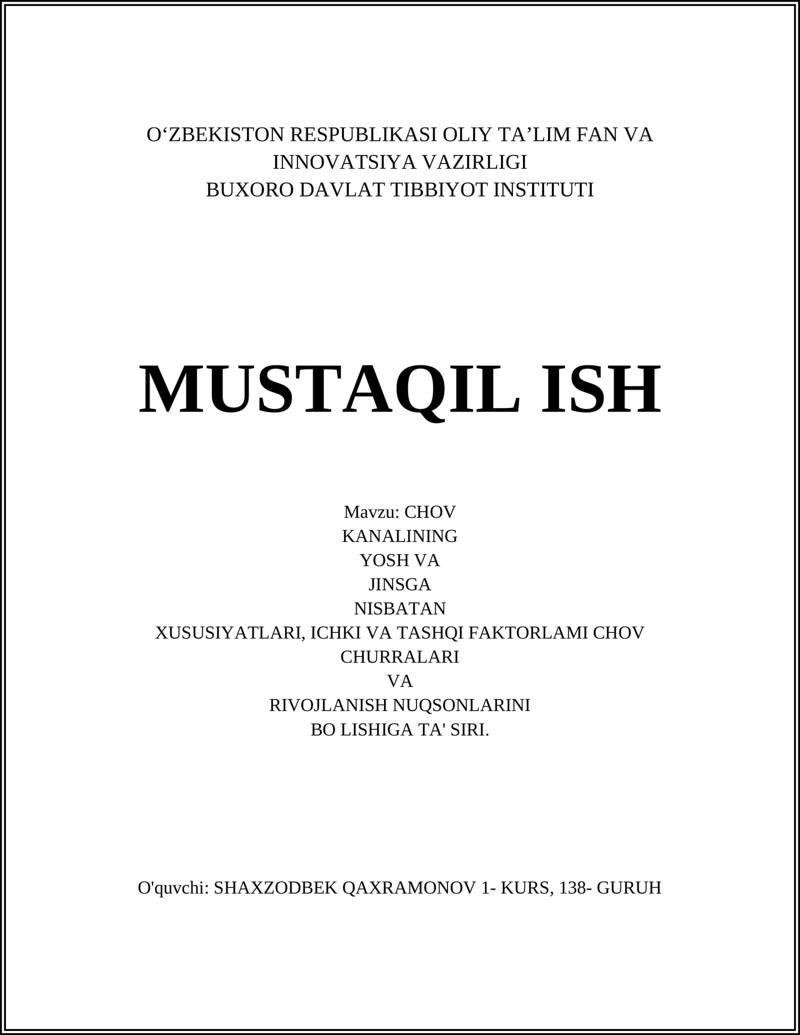 CHOV KANALINING YOSH VA JINSGA NISBATAN XUSUSIYATLARI