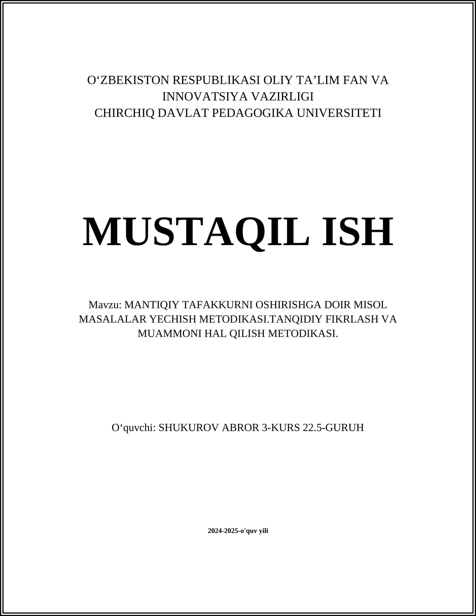 MANTIQIY TAFAKKURNI OSHIRISHGA DOIR MISOL MASALALAR YECHISH METODIKASI