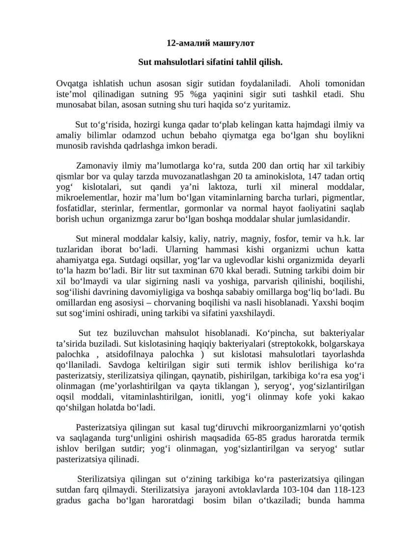 Sut mahsulotlari sifatini tahlil qilish