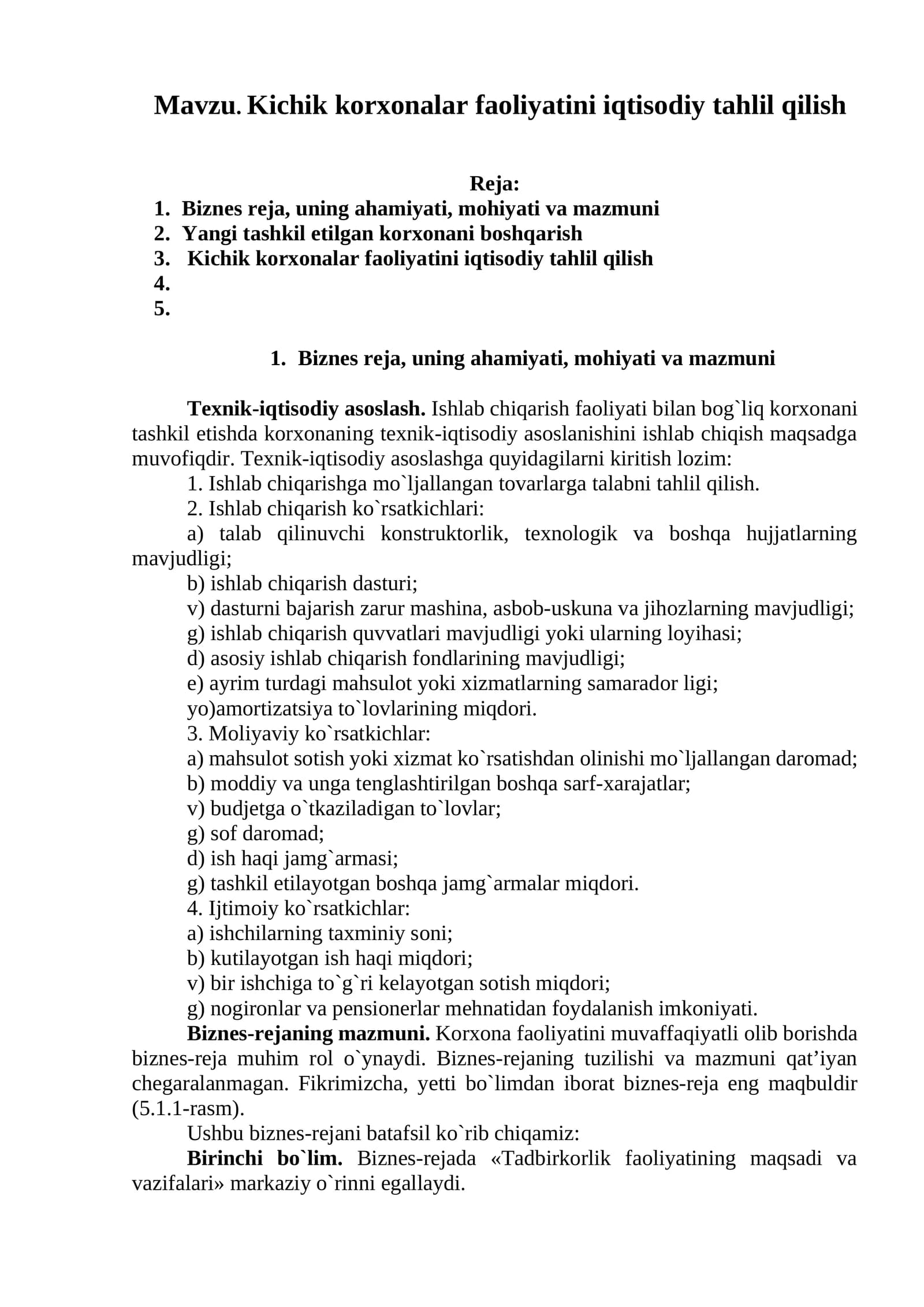 Kichik kоrxоnalar faоliyatini iqtisоdiy tahlil qilish