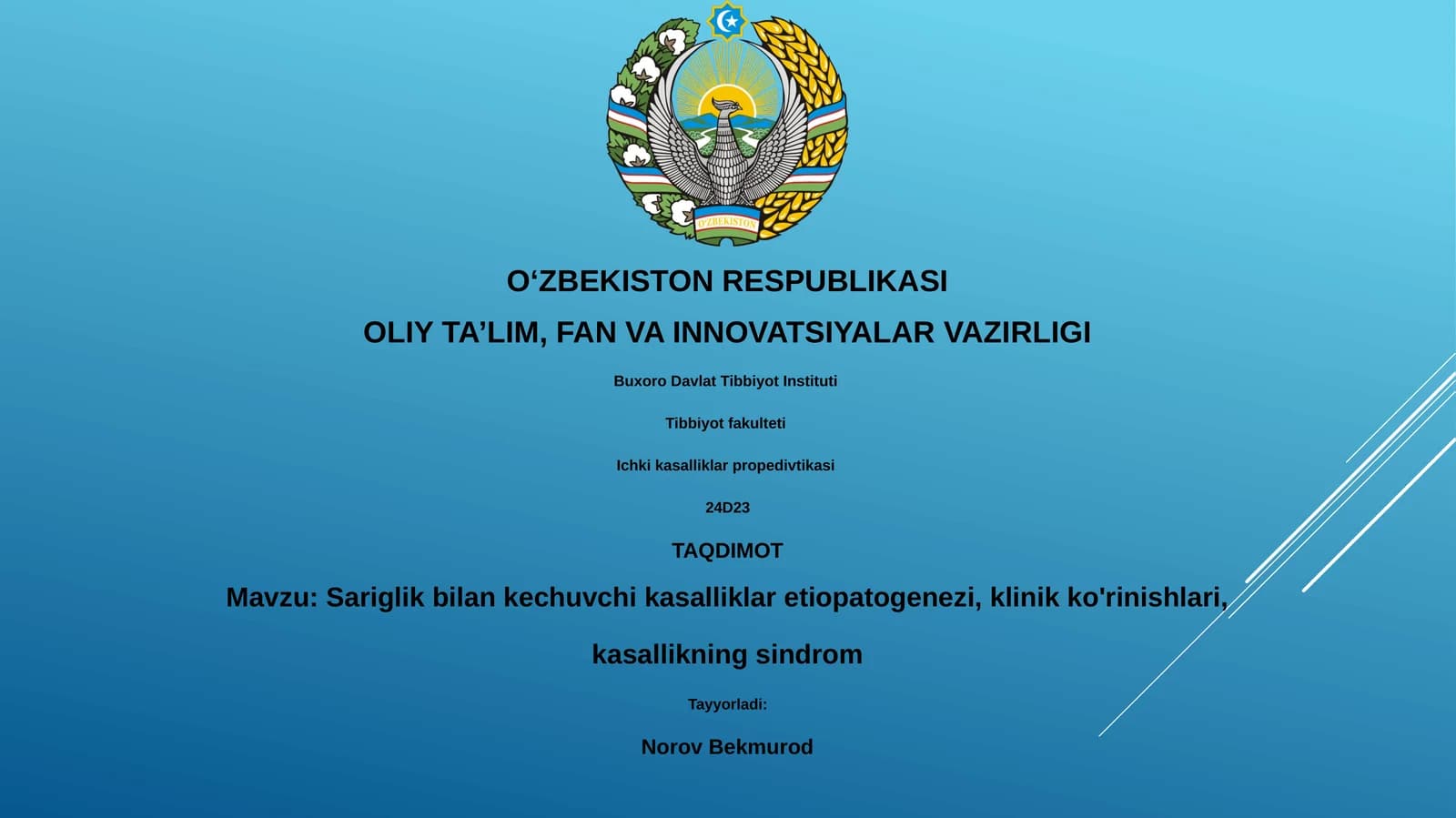 Sariglik bilan kechuvchi kasalliklar etiopatogenezi, klinik ko'rinishlari, kasallikning sindrom