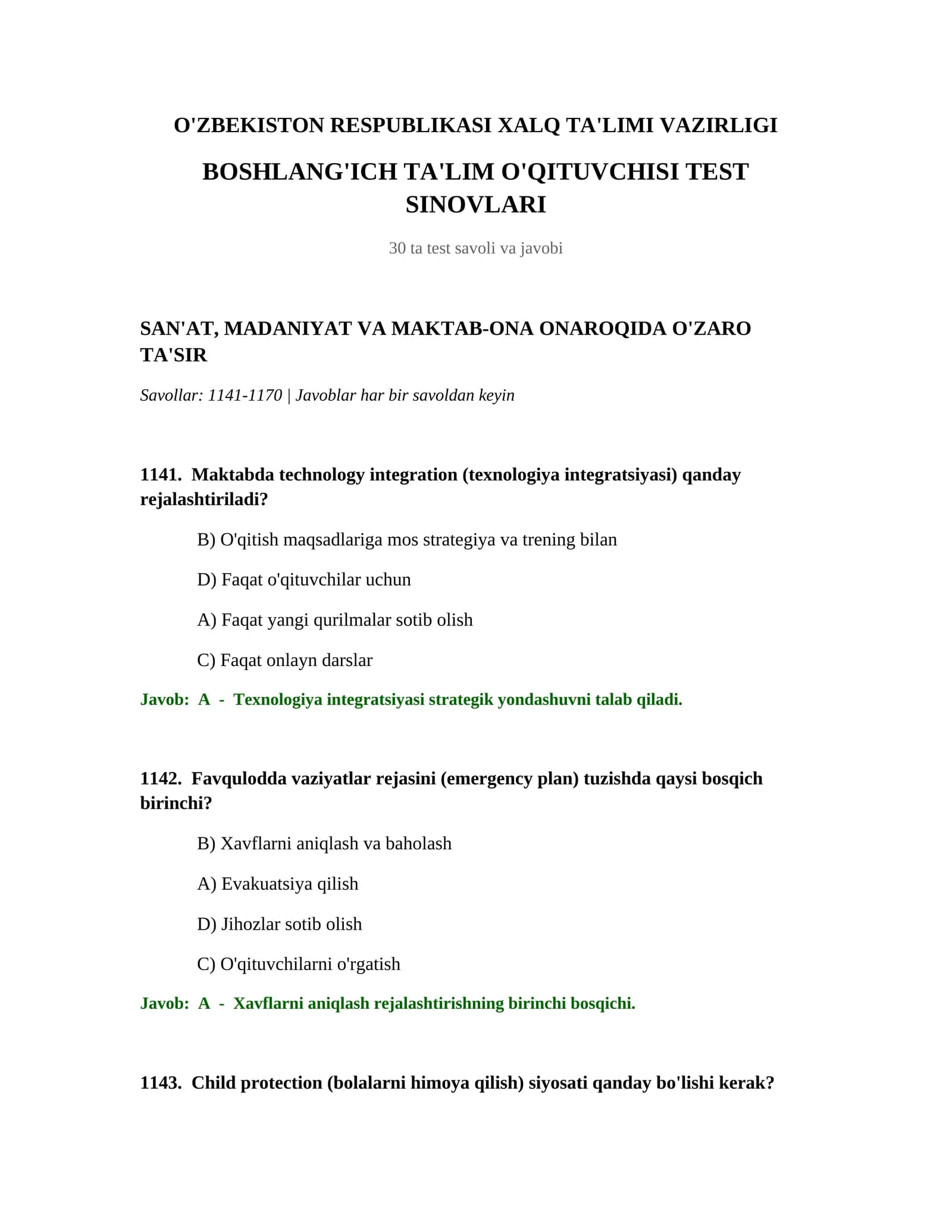 BOSHLANG'ICH TA'LIM O'QITUVCHISI TEST SINOVLARI