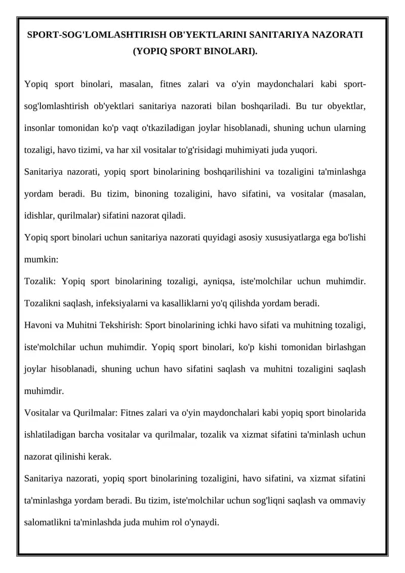 SPORT-SOG'LOMLASHTIRISH OB'YEKTLARINI SANITARIYA NAZORATI (YOPIQ SPORT BINOLARI)