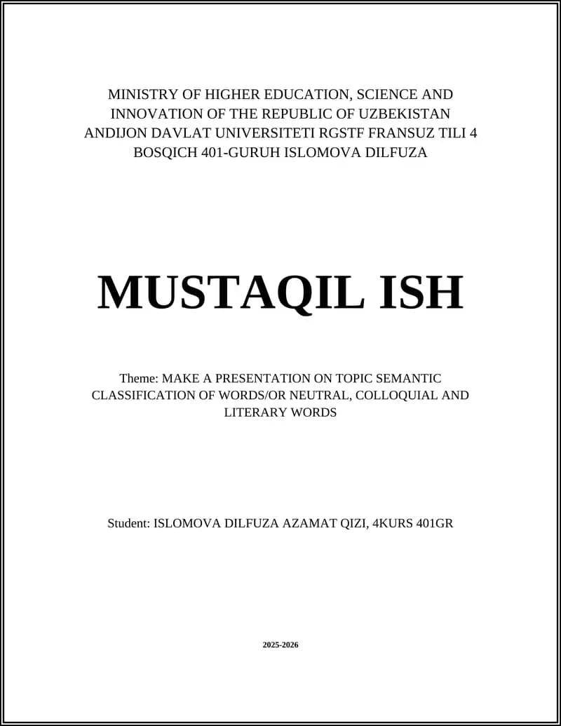 MAKE A PRESENTATION ON TOPIC SEMANTIC CLASSIFICATION OF WORDS/OR NEUTRAL, COLLOQUIAL AND LITERARY WORDS