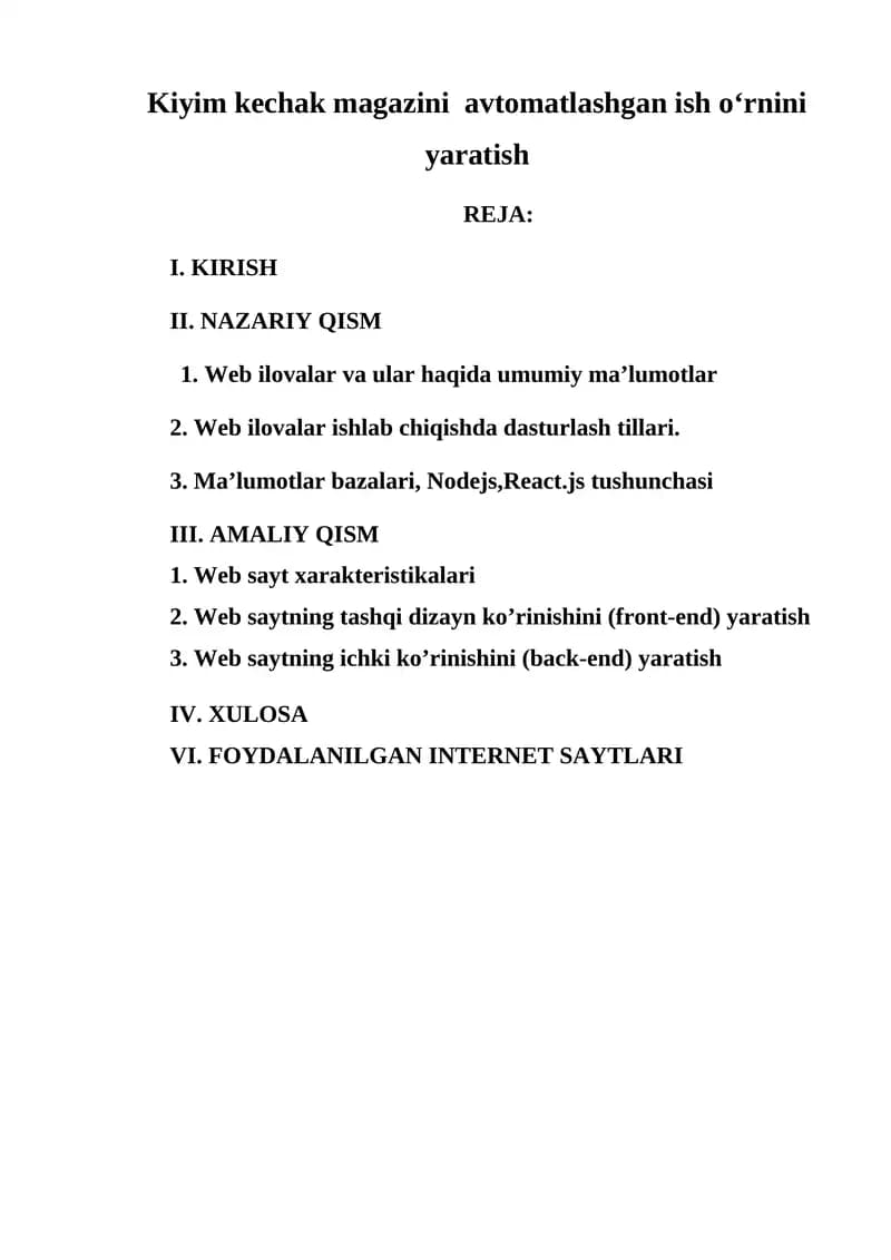 Kiyim kechak magazini  avtomatlashgan ish o‘rnini yaratish
