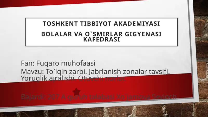 To`lqin zarbi. Jabrlanish zonalar tavsifi. Yoruglik ajralishi. Otuvchi nurlar