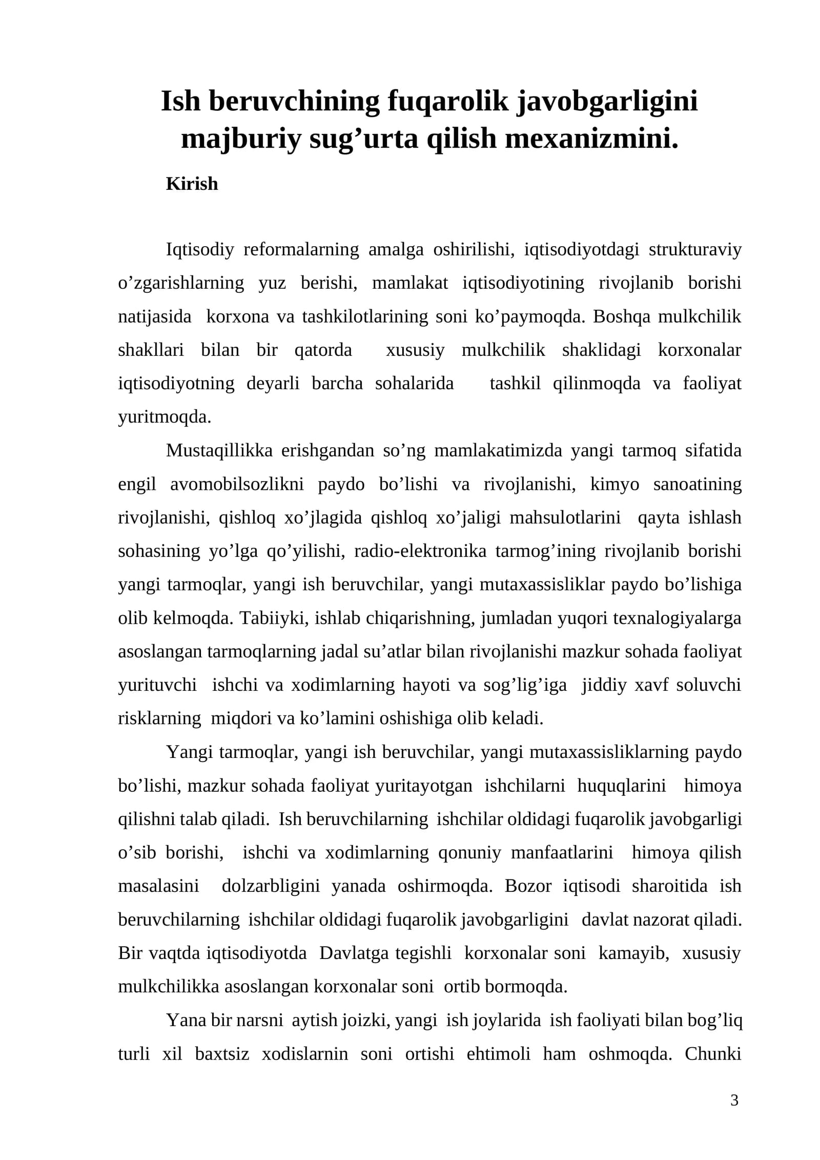 Ish beruvchining fuqarolik javobgarligini majburiy sug’urta qilish mexanizmini