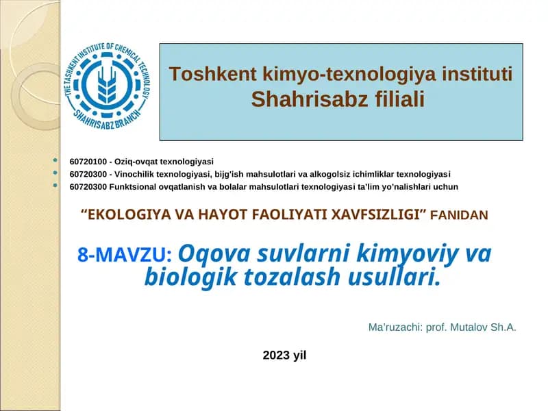 Oqova suvlarni kimyoviy va biologik tozalash usullari