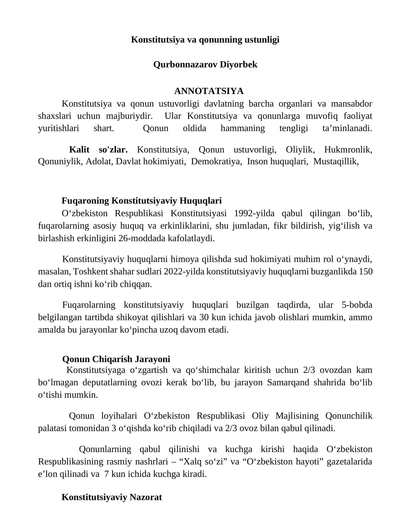 Konstitutsiya va qonunning ustunligi