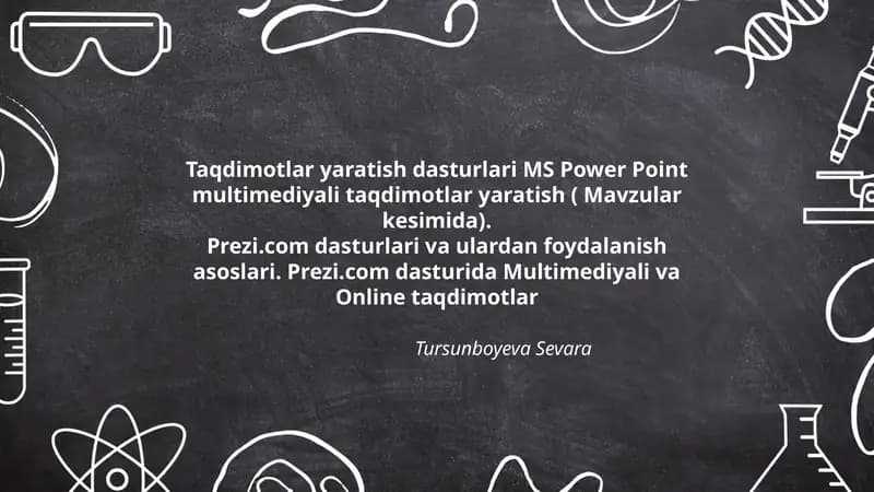Taqdimotlar yaratish dasturlari MS Power Point multimediyali taqdimotlar yaratish ( Mavzular kesimida). Prezi.com dasturlari va ulardan foydalanish asoslari. Prezi.com dasturida Multimediyali va Online taqdimotlar