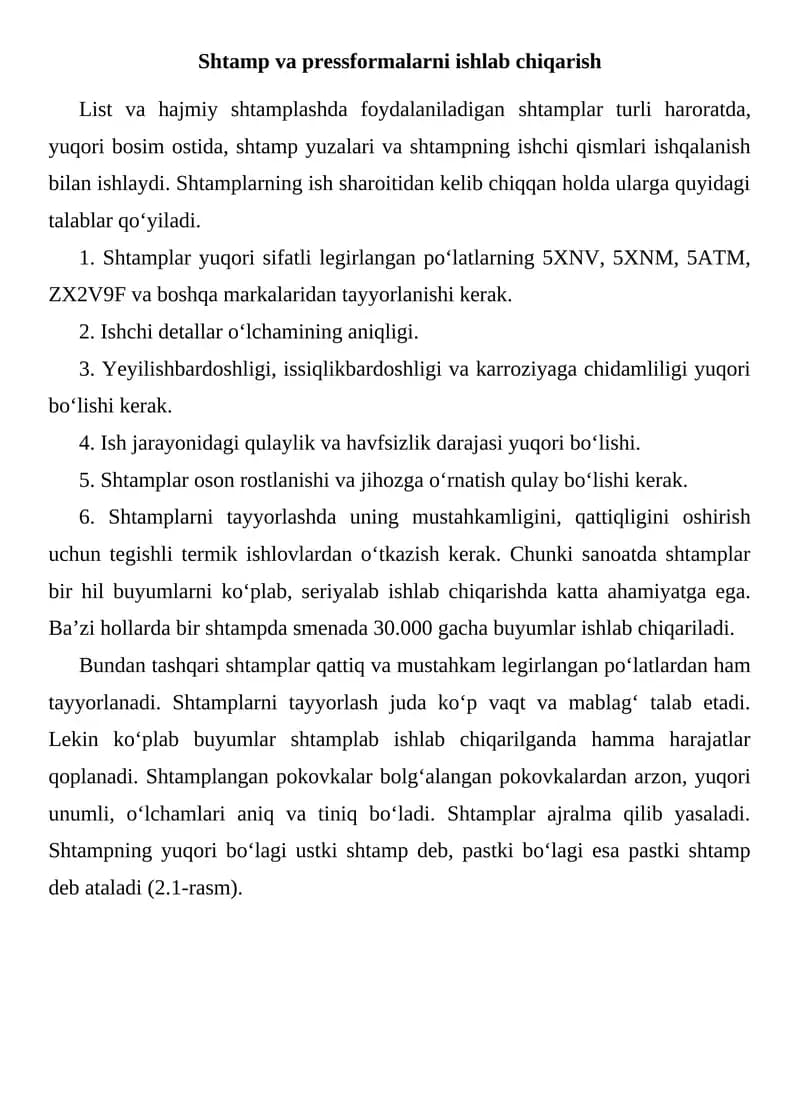Shtamp va pressformalarni ishlab chiqarish