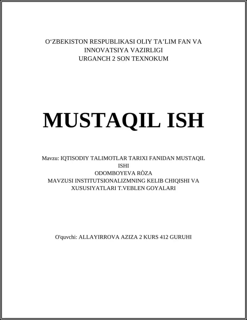 IQTISODIY TALIMOTLAR TARIXI FANIDAN MUSTAQIL ISHI