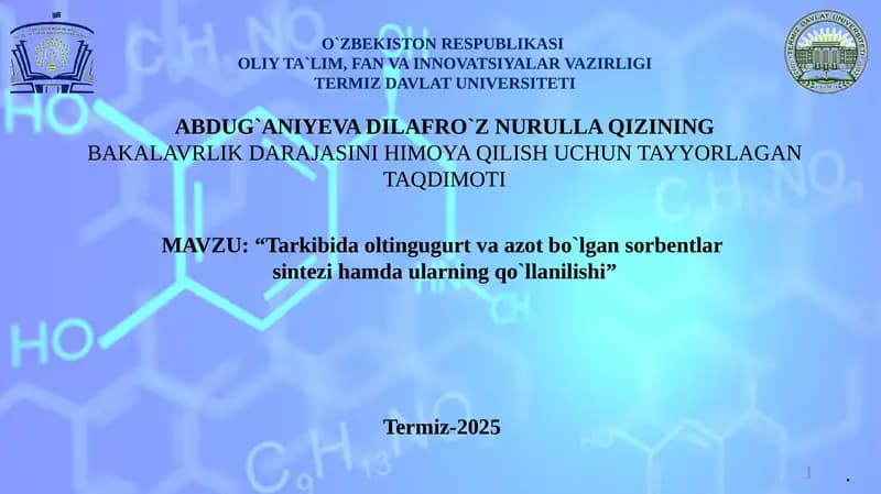 Tarkibida oltingugurt va azot bo`lgan sorbentlar  sintezi hamda ularning qo`llanilishi
