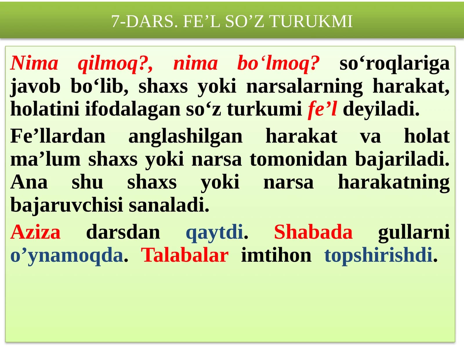 7-DARS. FE’L SO’Z TURUKMI