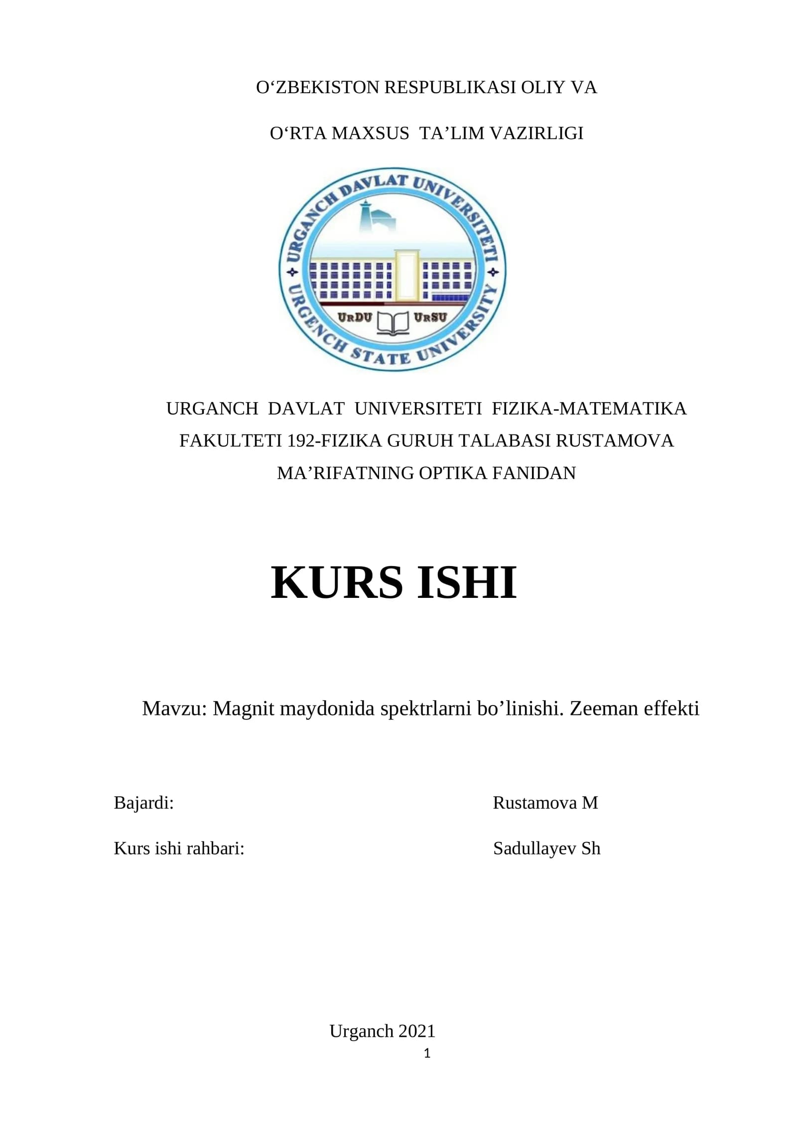 Magnit maydonida spektrlarni bo’linishi. Zeeman effekti