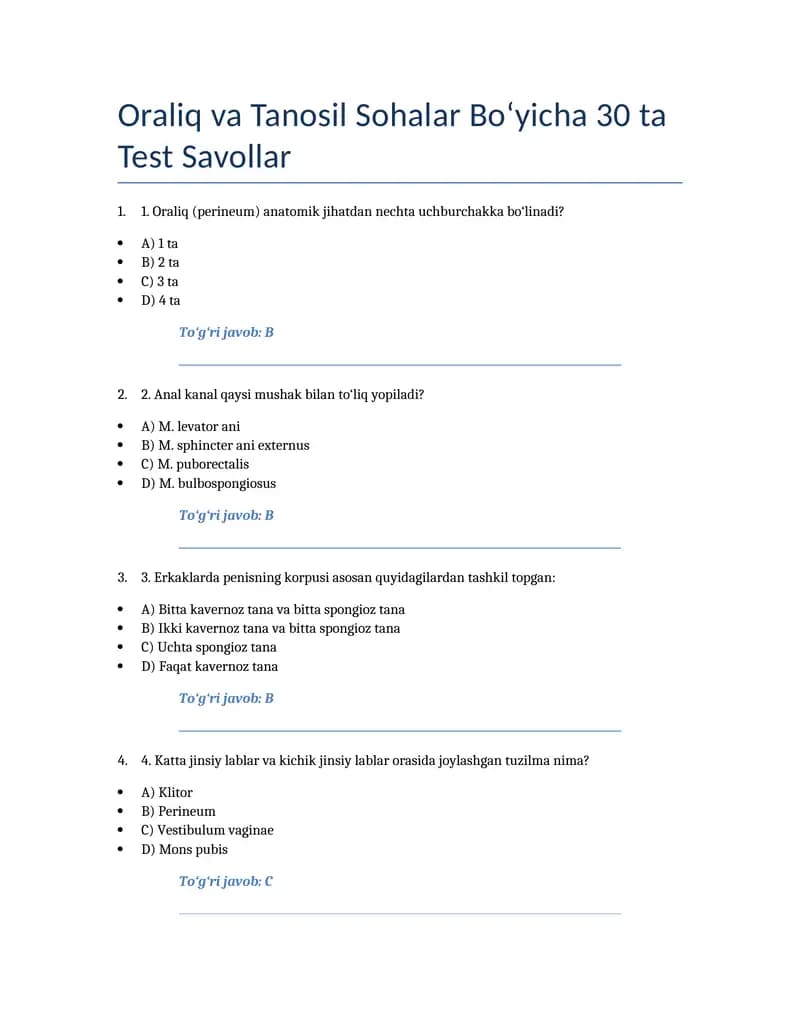 Oraliq va Tanosil Sohalar Bo‘yicha 30 ta Test Savollar