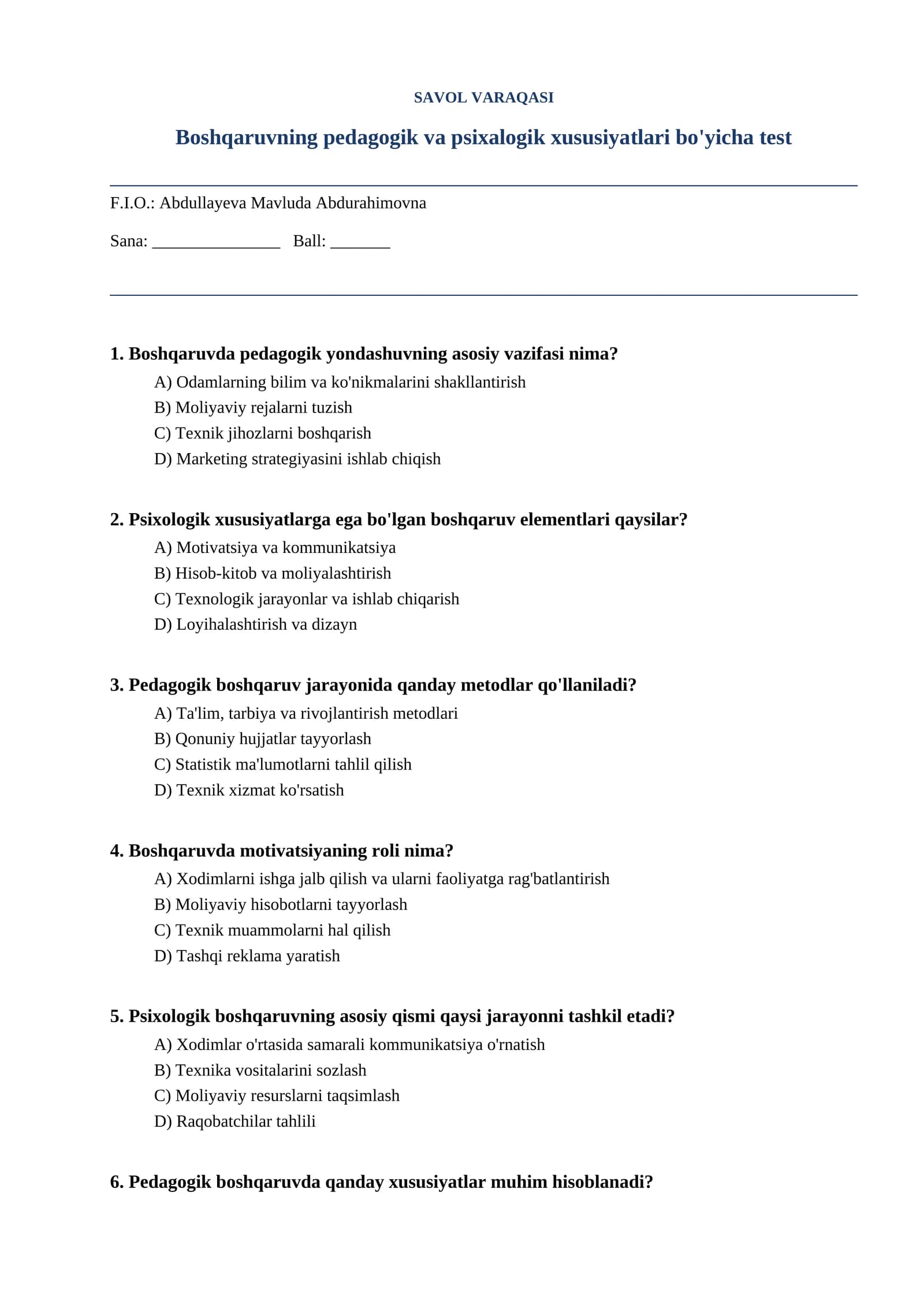 Boshqaruvning pedagogik va psixalogik xususiyatlari bo'yicha test