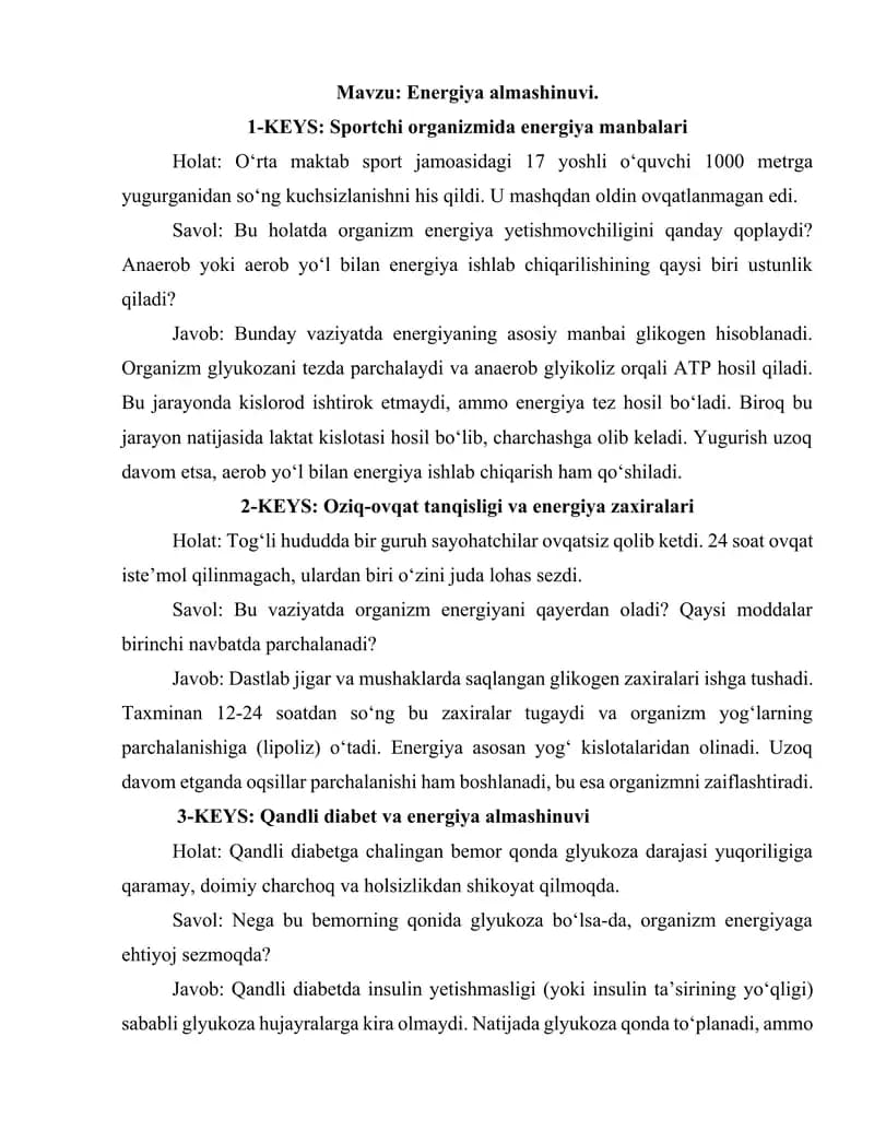 Sportchi organizmida energiya manbalari
