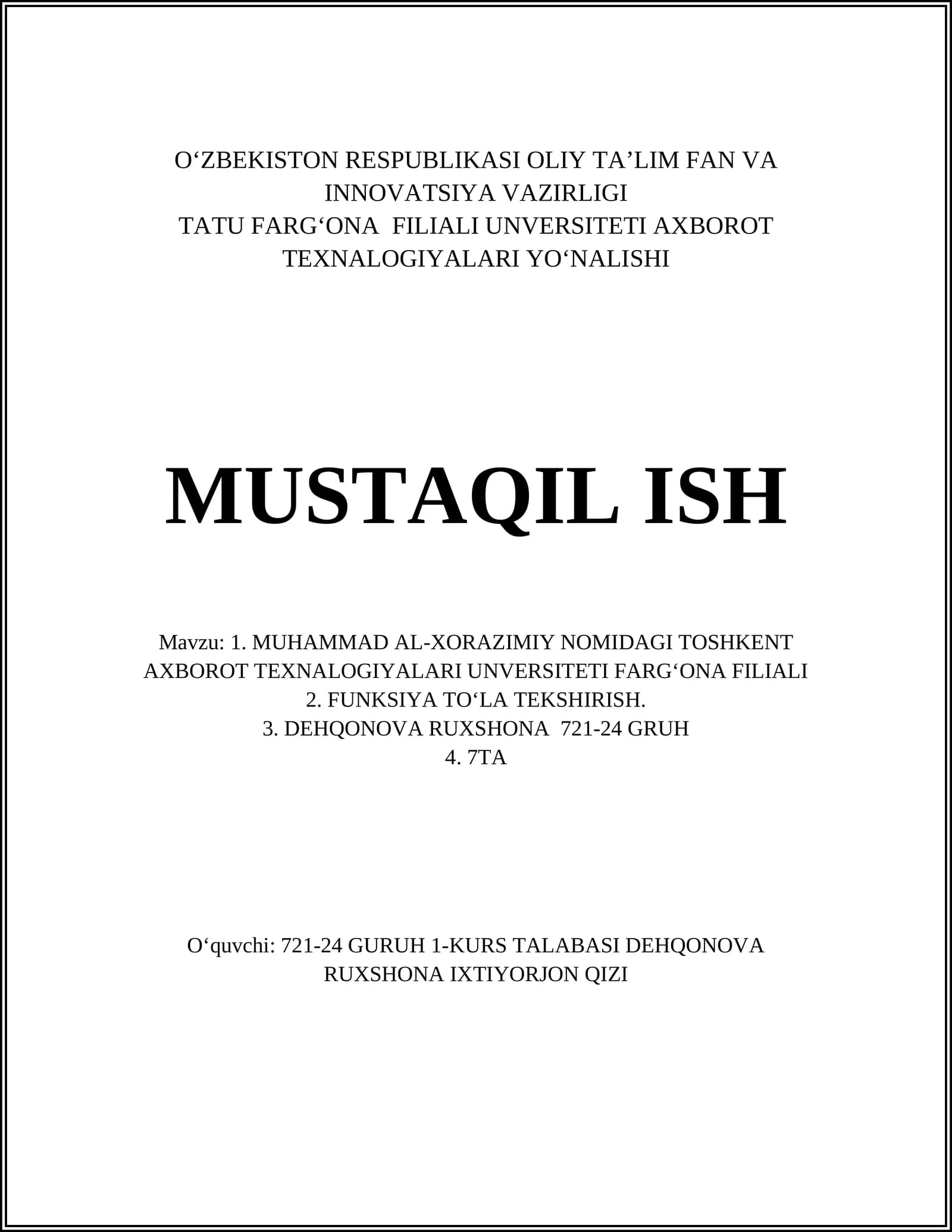MUHAMMAD AL-XORAZIMIY NOMIDAGI TOSHKENT AXBOROT TEXNALOGIYALARI UNVERSITETI FARG‘ONA FILIALI