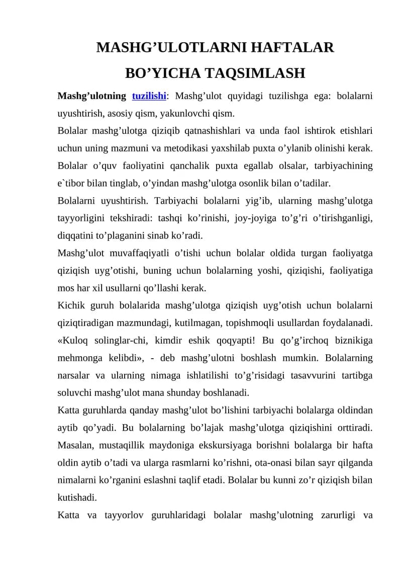 Mashg’ulotlarni haftalar bo’yicha taqsimlash