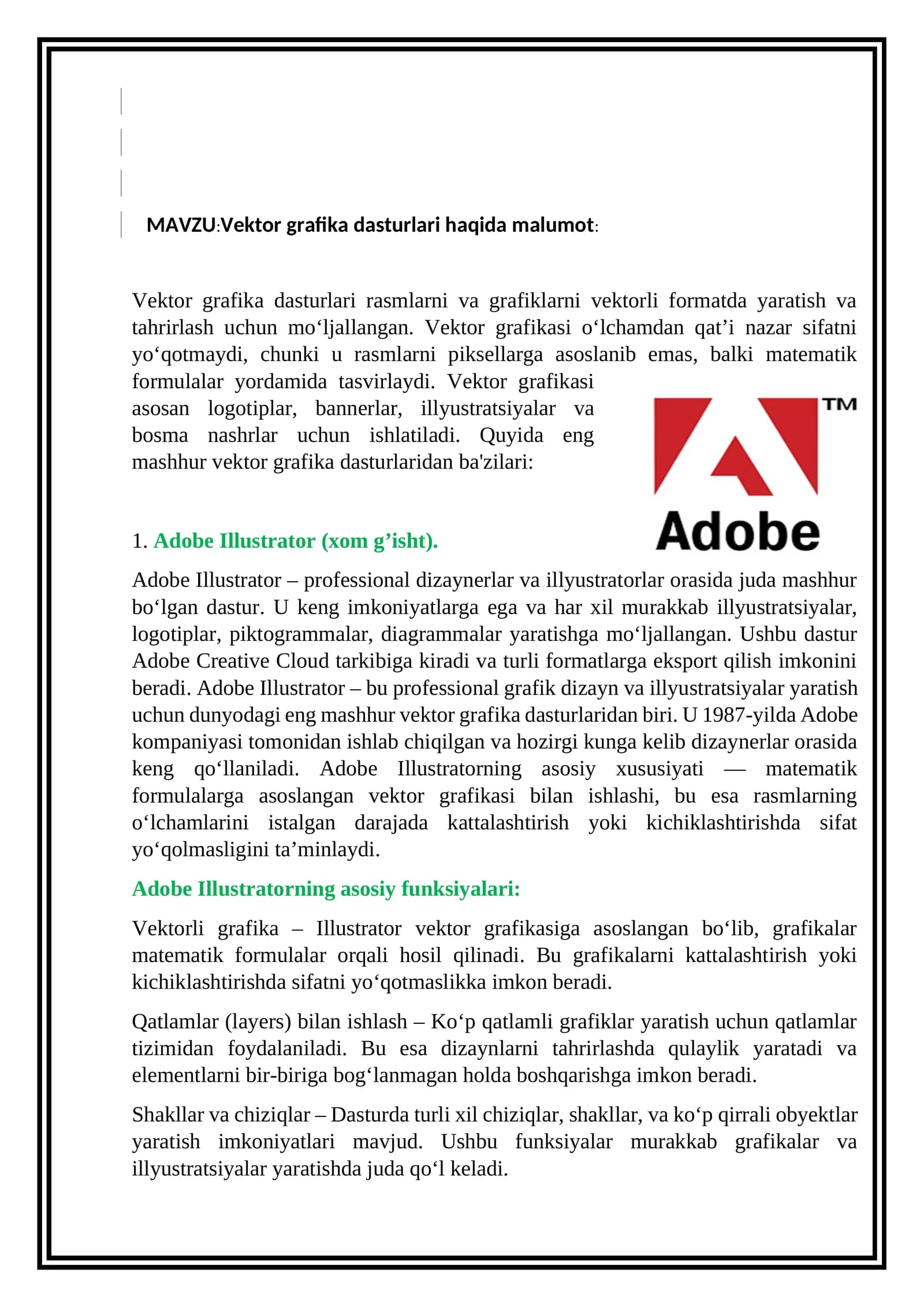 Vektor grafika dasturlari haqida malumot: