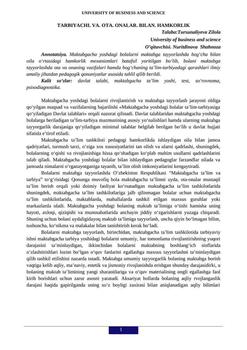 Maktabgacha yoshdagi bolalarni rivojlantirish va maktabga tayyorlash