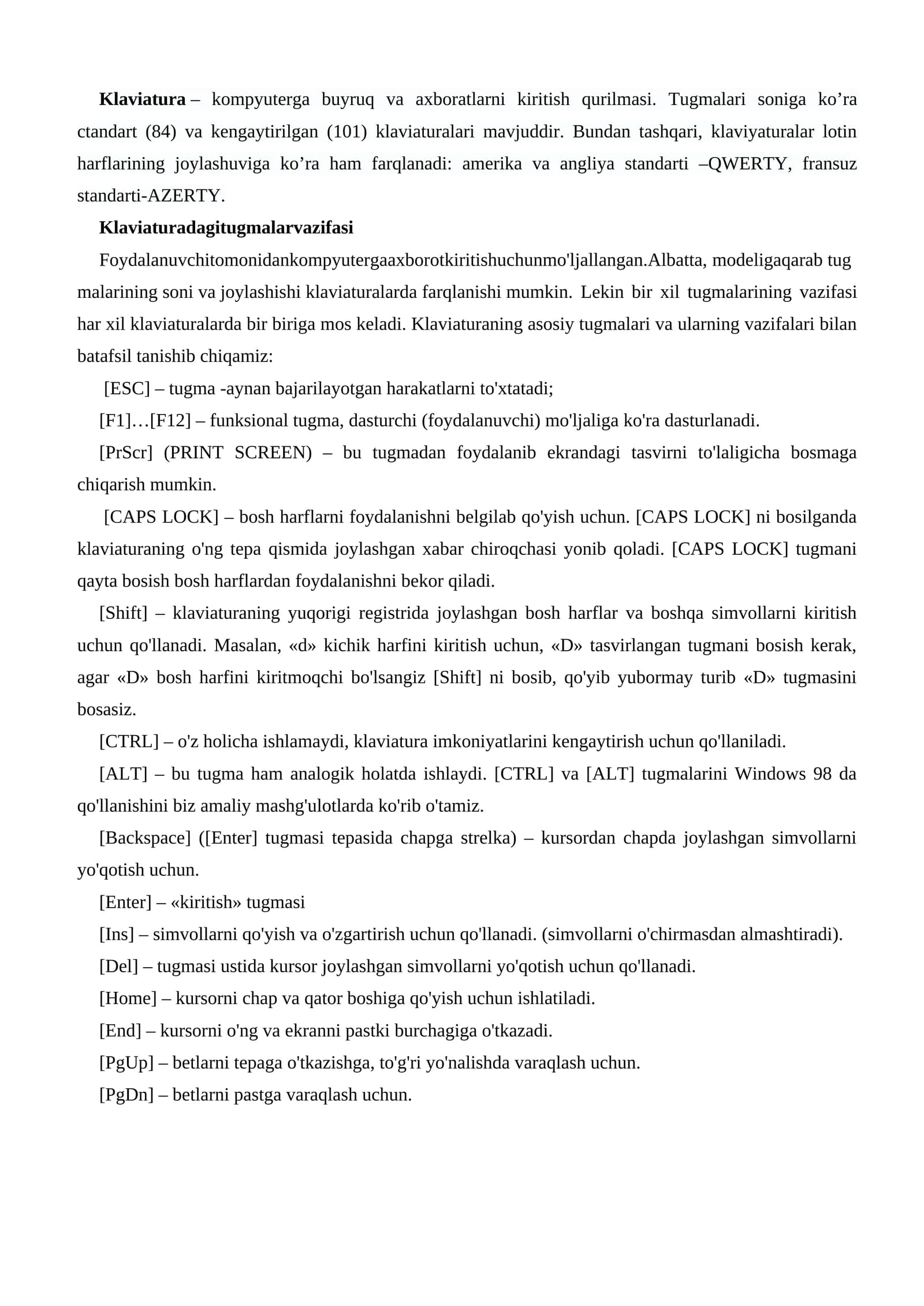 Klaviatura va uning tugmalari