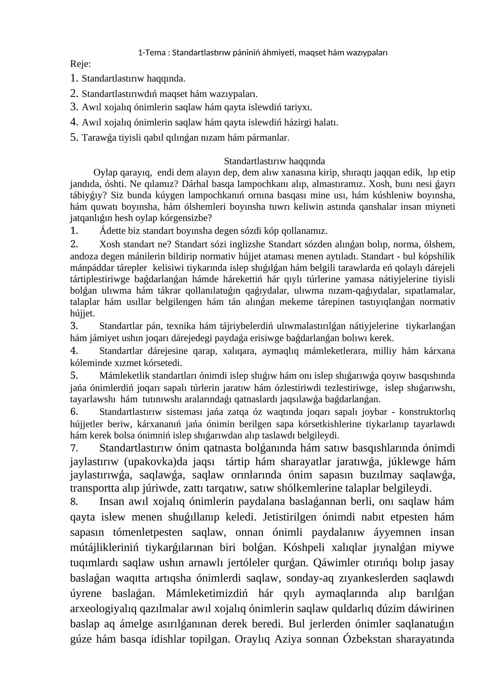 Standartlastırıw pániniń áhmiyeti, maqset hám wazıypaları