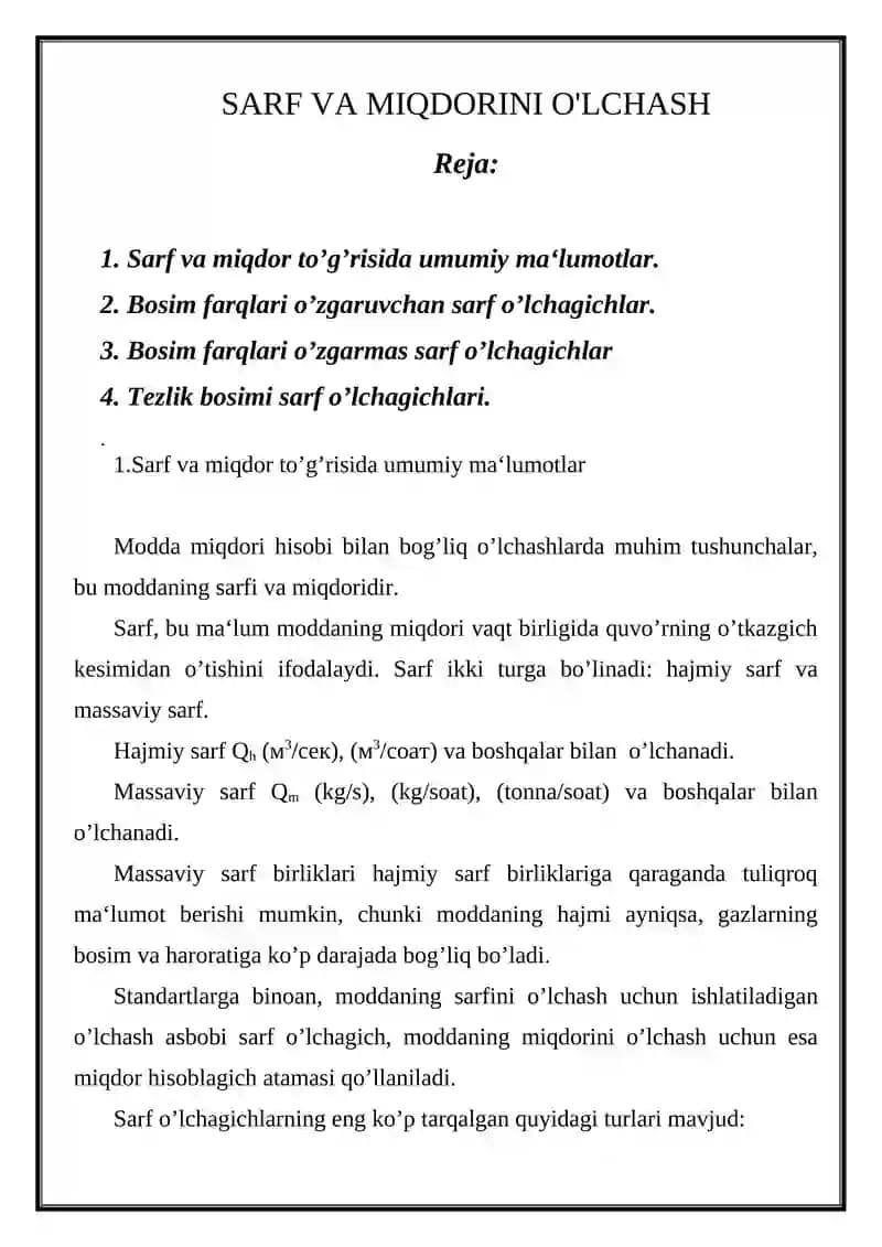 Sarf va miqdorini o'lchash