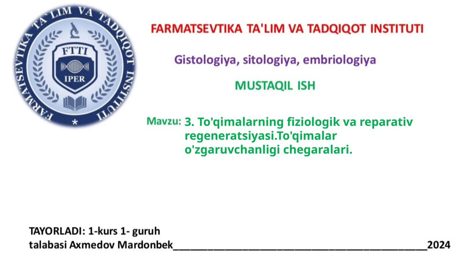 To'qimalarning fiziologik vareparativ regeneratsiyasi