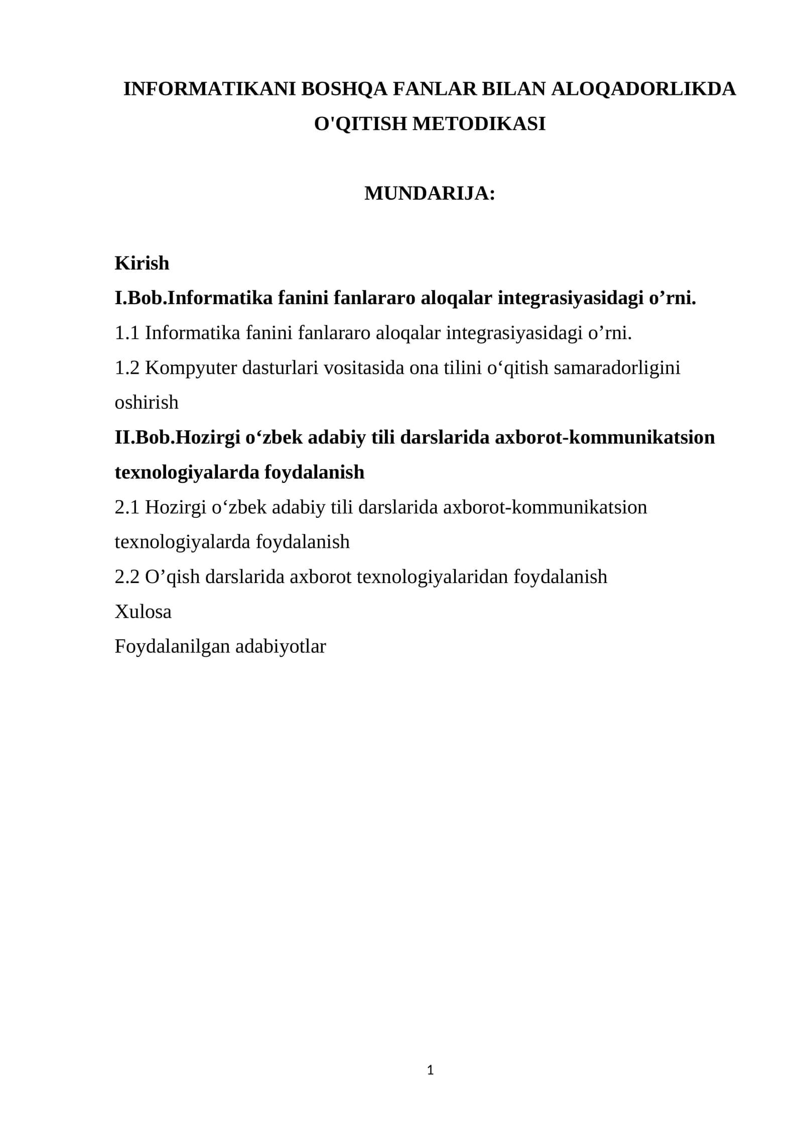INFORMATIKANI BOSHQA FANLAR BILAN ALOQADORLIKDA O'QITISH METODIKASI