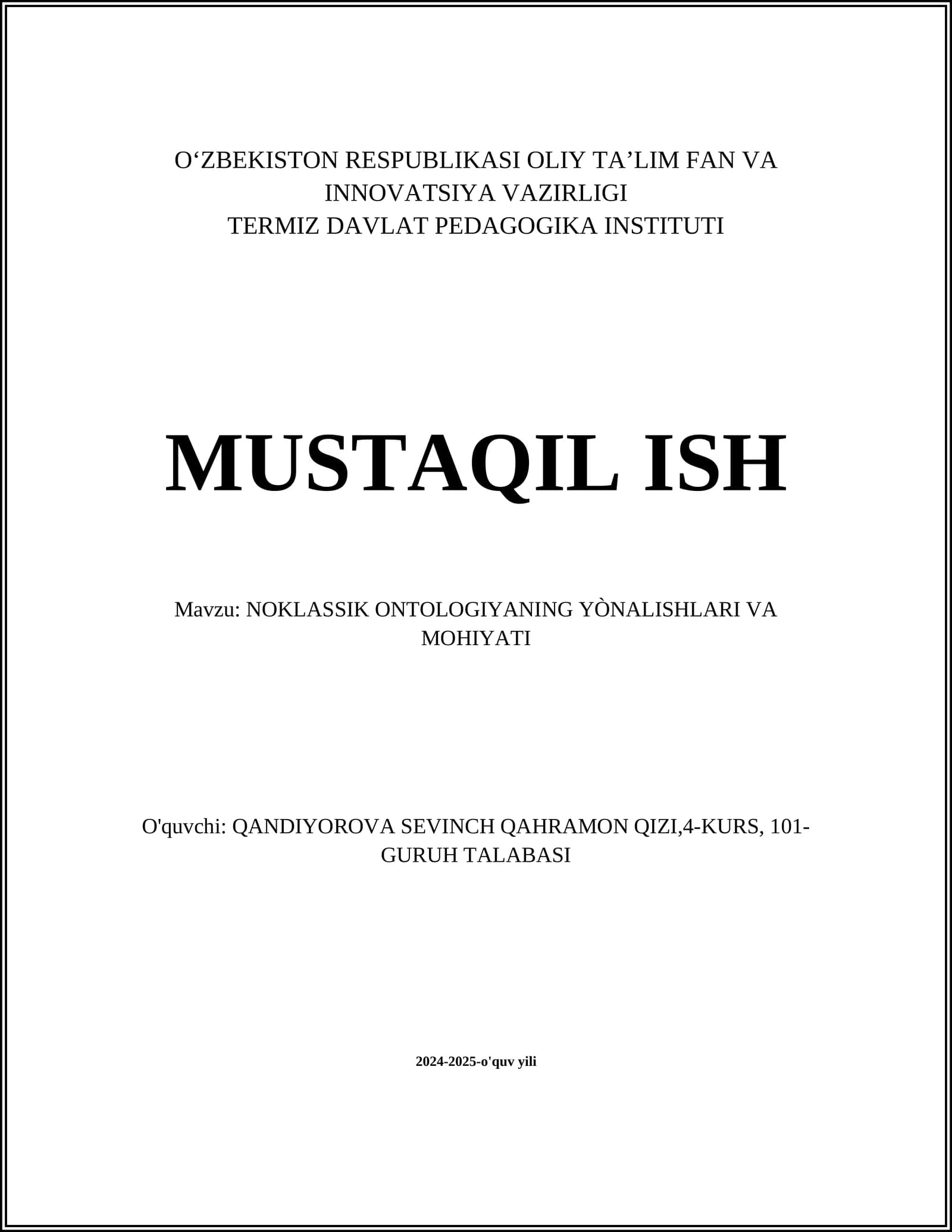 NOKLASSIK ONTOLOGIYANING YÒNALISHLARI VA MOHIYATI
