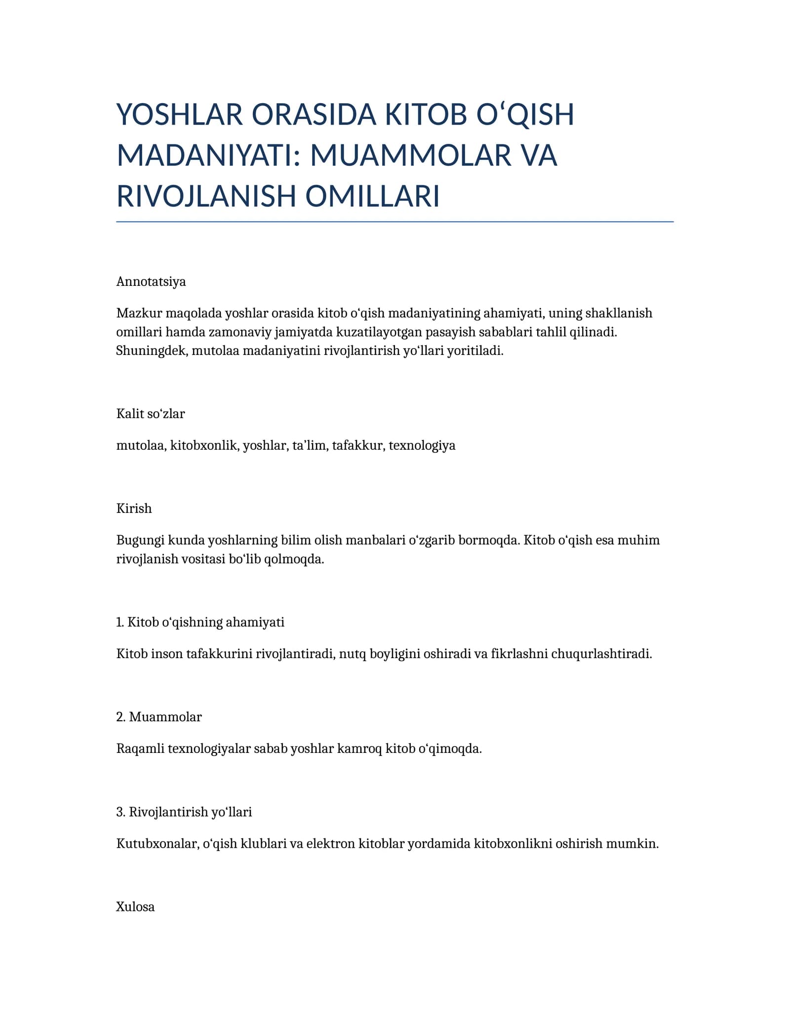 YOSHLAR ORASIDA KITOB O‘QISH MADANIYATI: MUAMMOLAR VA RIVOJLANISH OMILLARI