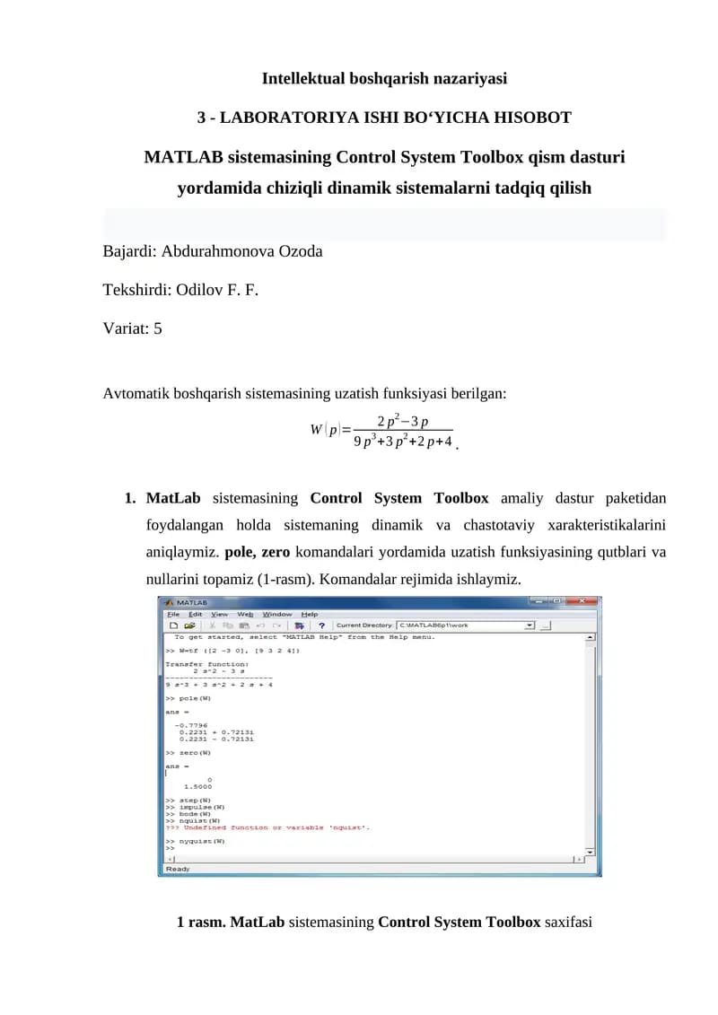 MATLAB sistеmаsining Control System Toolbox