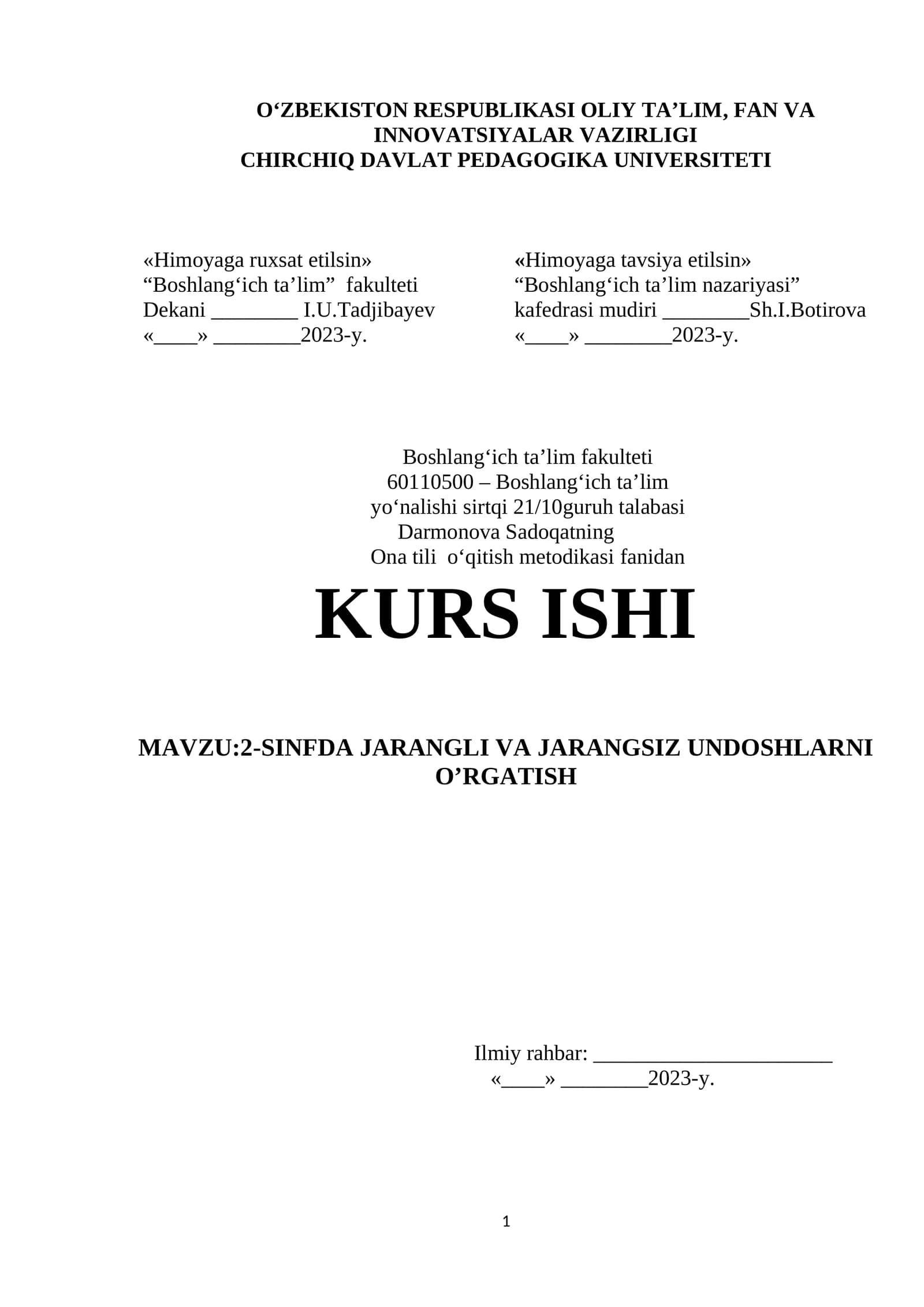 2-SINFDA JARANGLI VA JARANGSIZ UNDOSHLARNI O’RGATISH