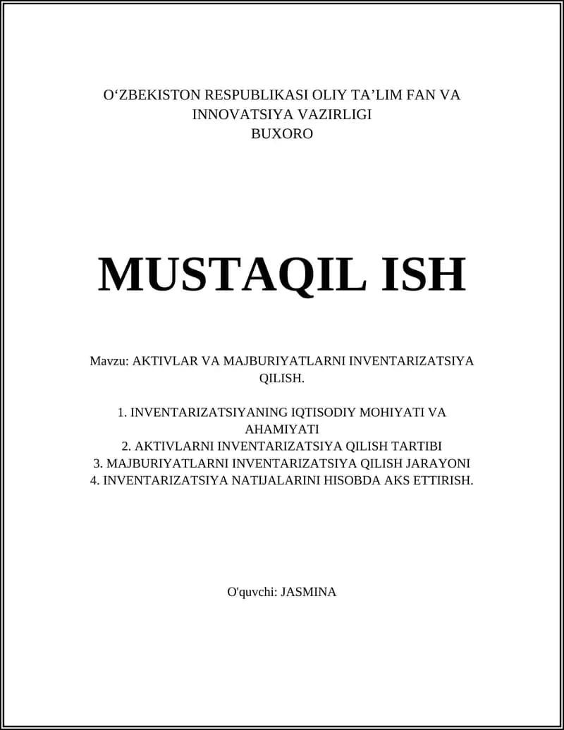 AKTIVLAR VA MAJBURIYATLARNI INVENTARIZATSIYA QILISH