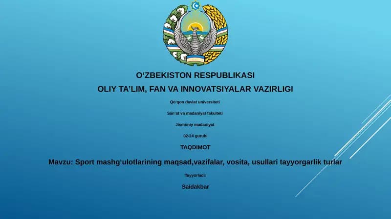 Sport mashgʻulotlarining maqsad,vazifalar, vosita, usullari tayyorgarlik turlar