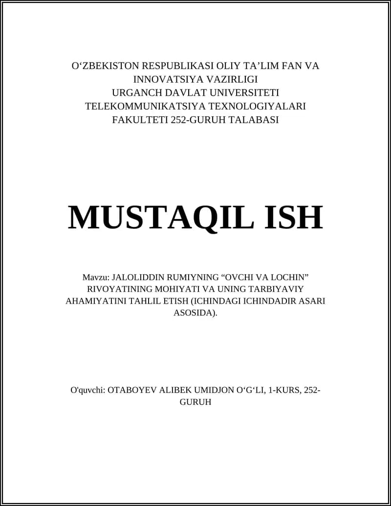 JALOLIDDIN RUMIYNING “OVCHI VA LOCHIN” RIVOYATINING MOHIYATI VA UNING TARBIYAVIY AHAMIYATINI TAHLIL ETISH