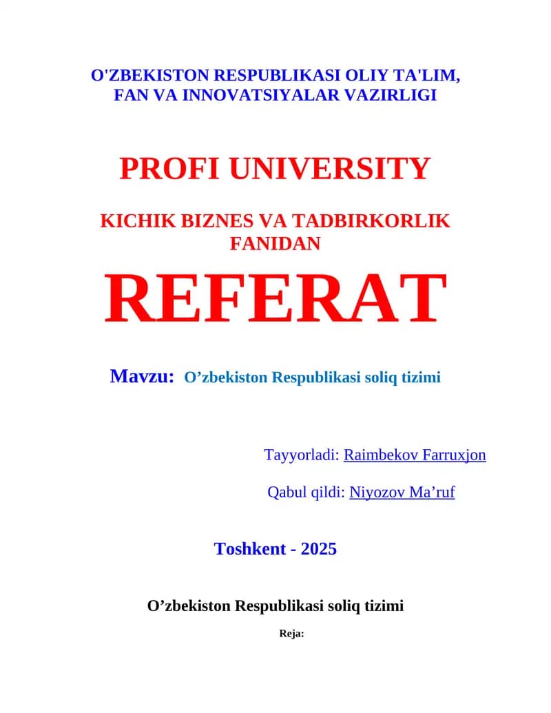 O’zbekiston Respublikasi soliq tizimi Referat